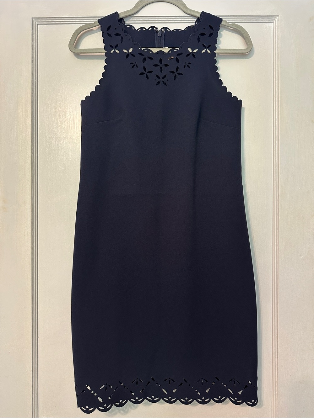 J. Crew Navy Scallop Laser-Cut Sheath Dress